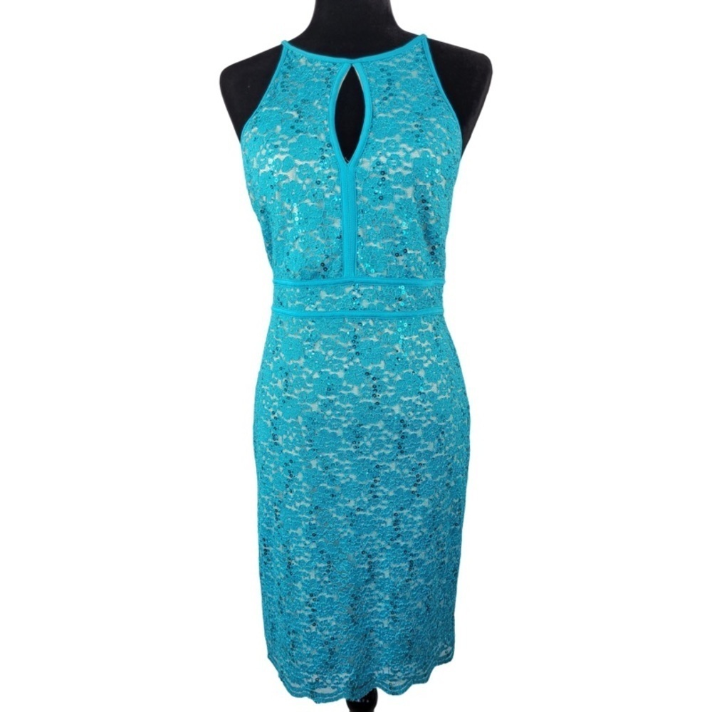 ✅ NWOT NIGHT WAY teal Floral Lace Sheath Mini Dress Women Size 10